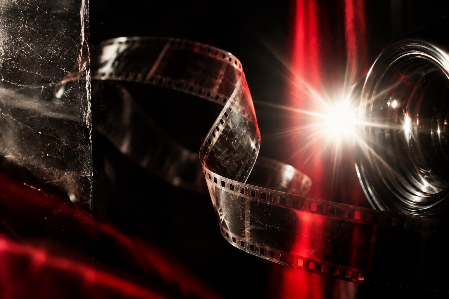 Abstract film strip, glass and red studio light